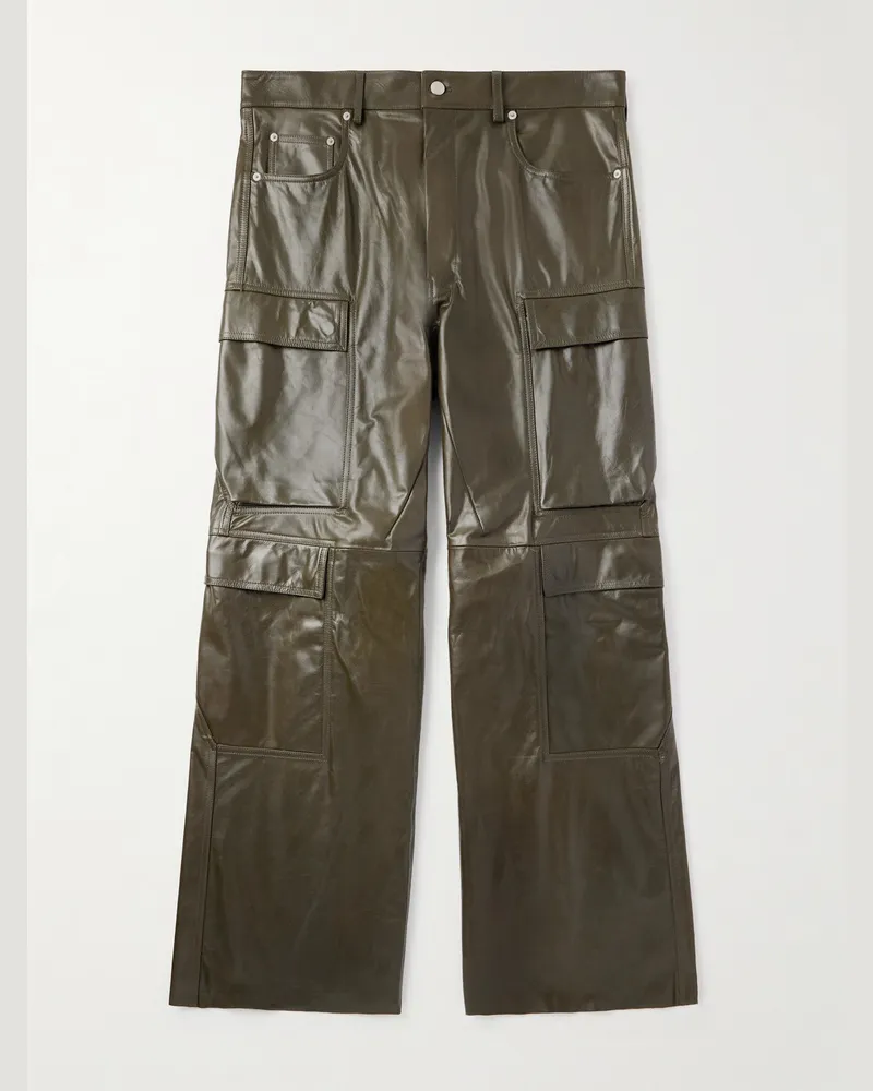 Rick Owens Straight-Leg Leather Cargo Trousers Green