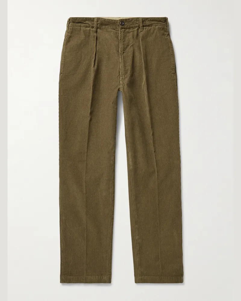 Drake's Games Tapered Pleated Cotton-Corduroy Trousers Green