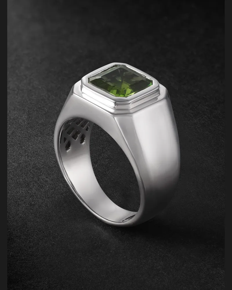 42 Suns 14-Karat White Gold Peridot Signet Ring Green