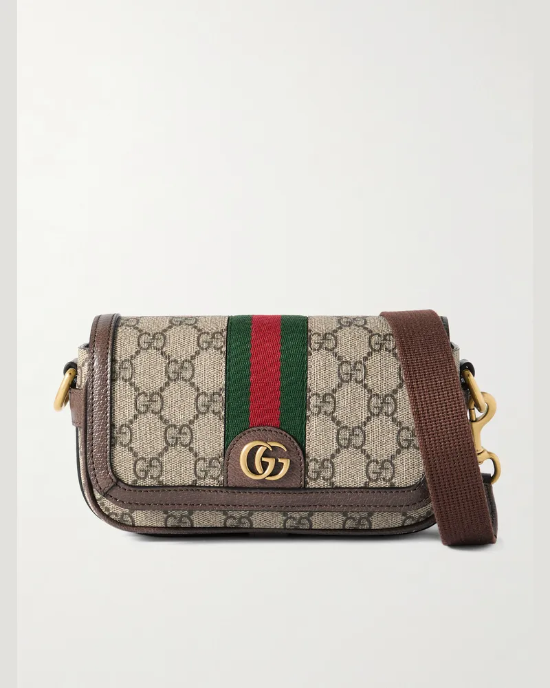 Gucci Ophidia Mini Leather-Trimmed Monogrammed Coated-Canvas Messenger Bag Neutrals
