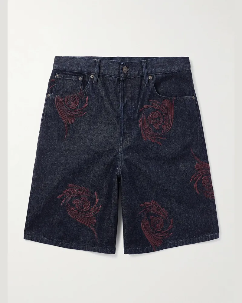 Dries van Noten Straight-Leg Embroidered Denim Bermuda Shorts Blue