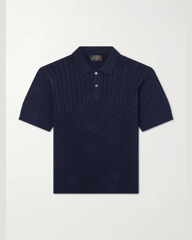 Beams Plus Cable-Knit Cotton Polo Shirt Blue