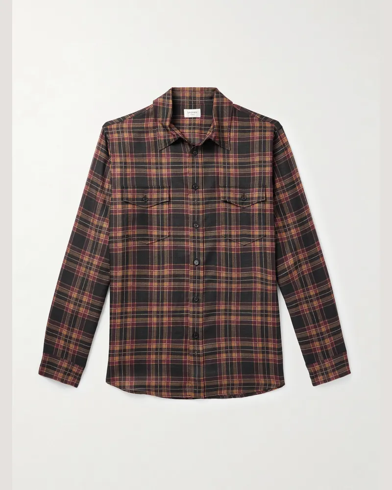 Saint Laurent Hemd aus kariertem Woll-Twill mit Logostickerei Rot