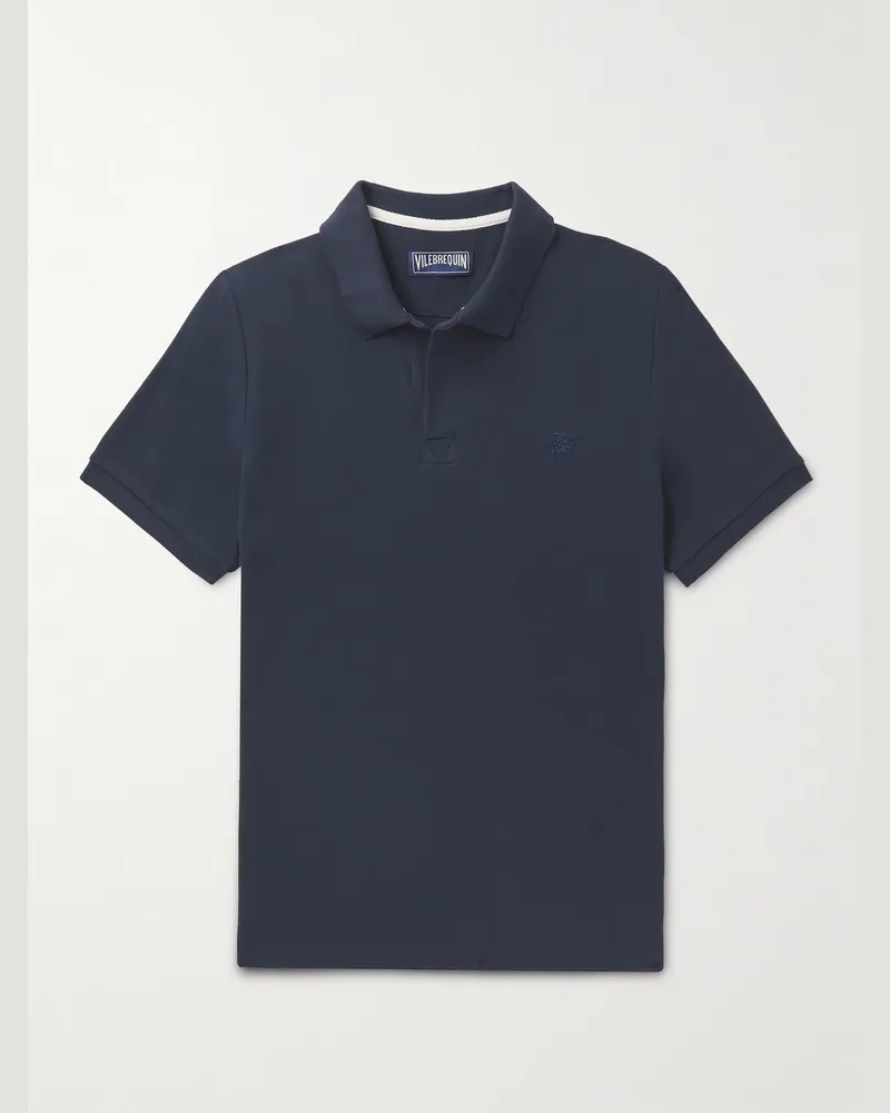 Vilebrequin Schmal geschnittenes Polohemd aus Baumwoll-Piqué mit Logostickerei Blau