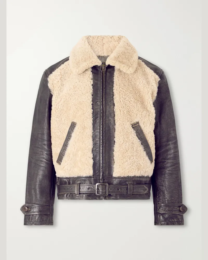 RRL Geronimo Belted Shearling-Trimmed Leather Jacket Brown