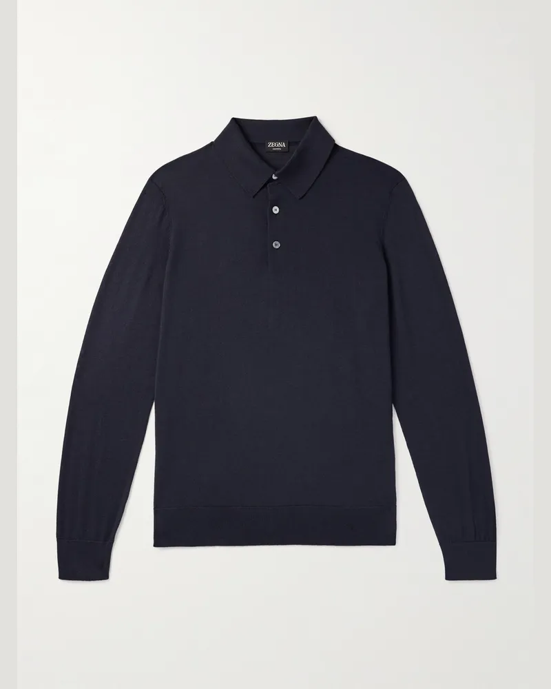 Ermenegildo Zegna Pullover aus Piqué aus einer Kaschmir-Seidenmischung mit Polokragen Blau