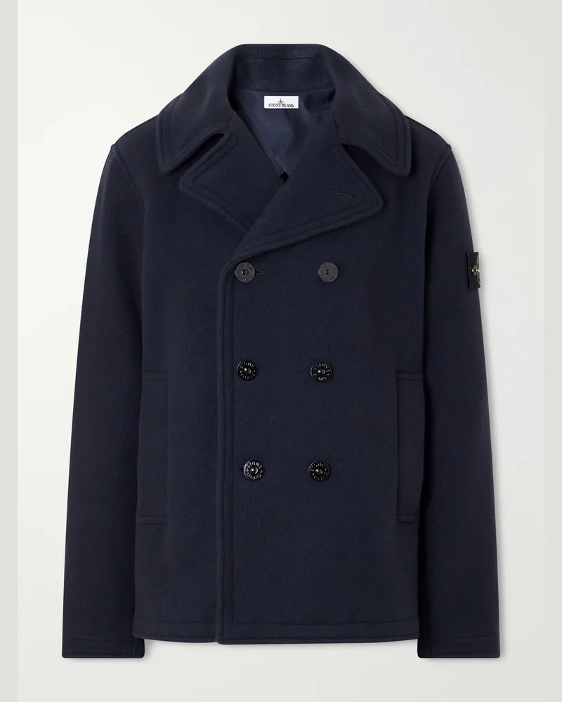 Stone Island Double-Breasted Melton Wool and Cashmere-Blend Twill Coat Blue