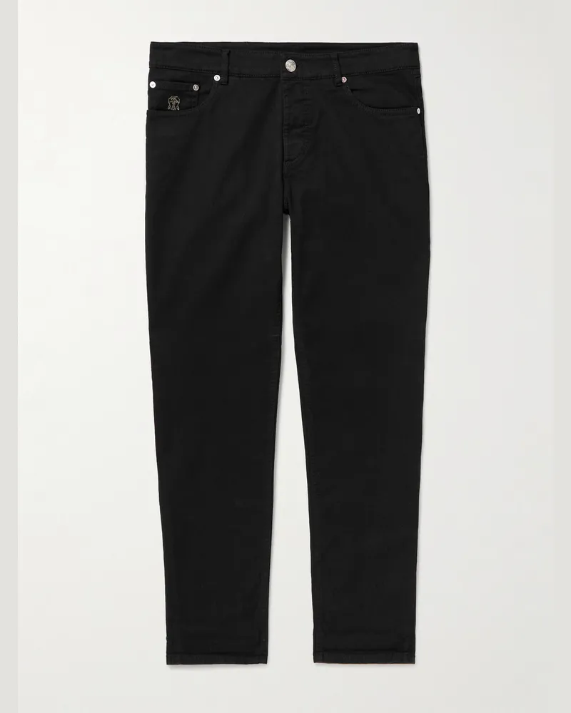 Brunello Cucinelli Schmal und gerade geschnittene Jeans mit Logostickerei Schwarz