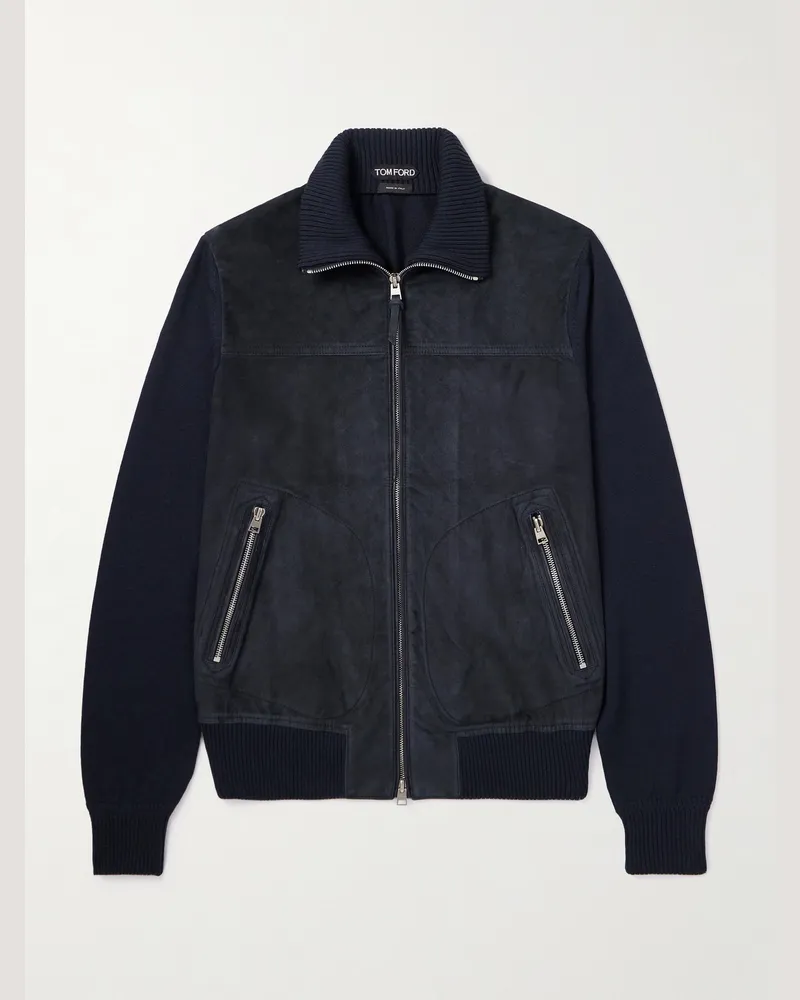Tom Ford Schmal geschnittene Jacke aus einer Merinowoll-Kaschmirmischung und Veloursleder Blau