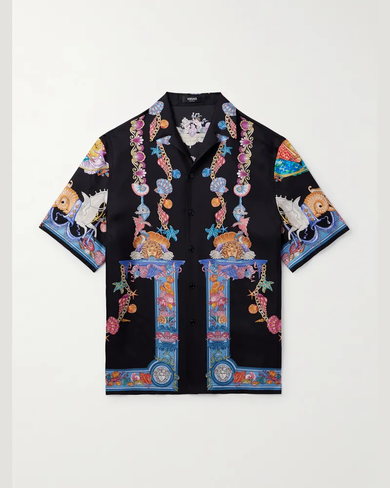 Versace Hemd aus bedrucktem Seiden-Twill mit Reverskragen Schwarz