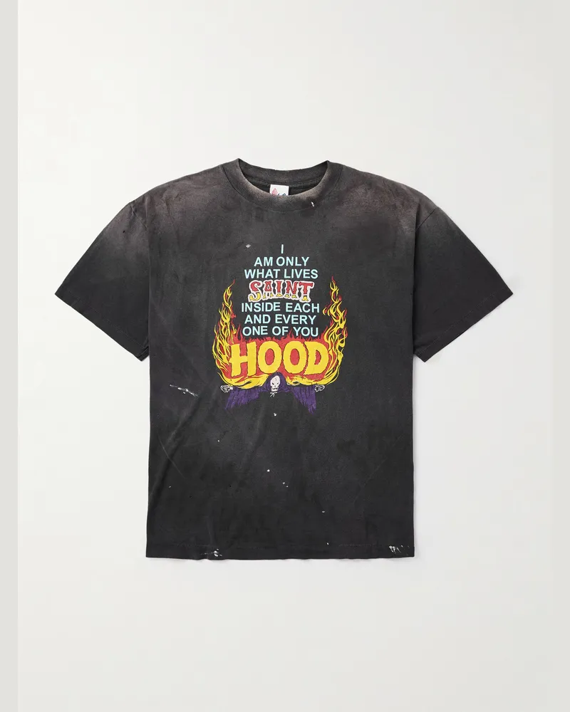 SAINT MXXXXXX Neighborhood Distressed Paint-Splattered Printed Cotton-Jersey T-Shirt Gray