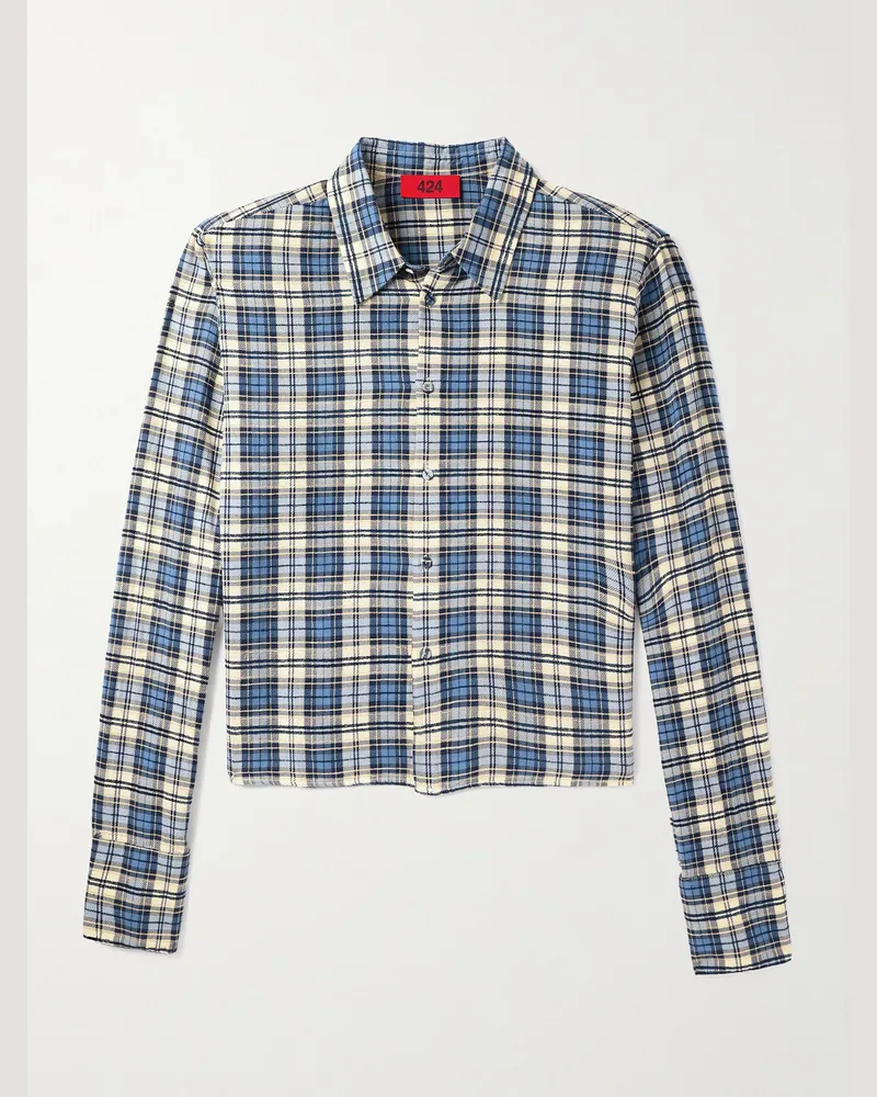 FourTwoFour on Fairfax Verkürztes Hemd aus Flanell aus einer Baumwollmischung mit Karomuster Blau