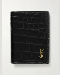 Saint Laurent Aufklappbares Portemonnaie aus Leder mit Krokodileffekt und mit Logoapplikation Schwarz