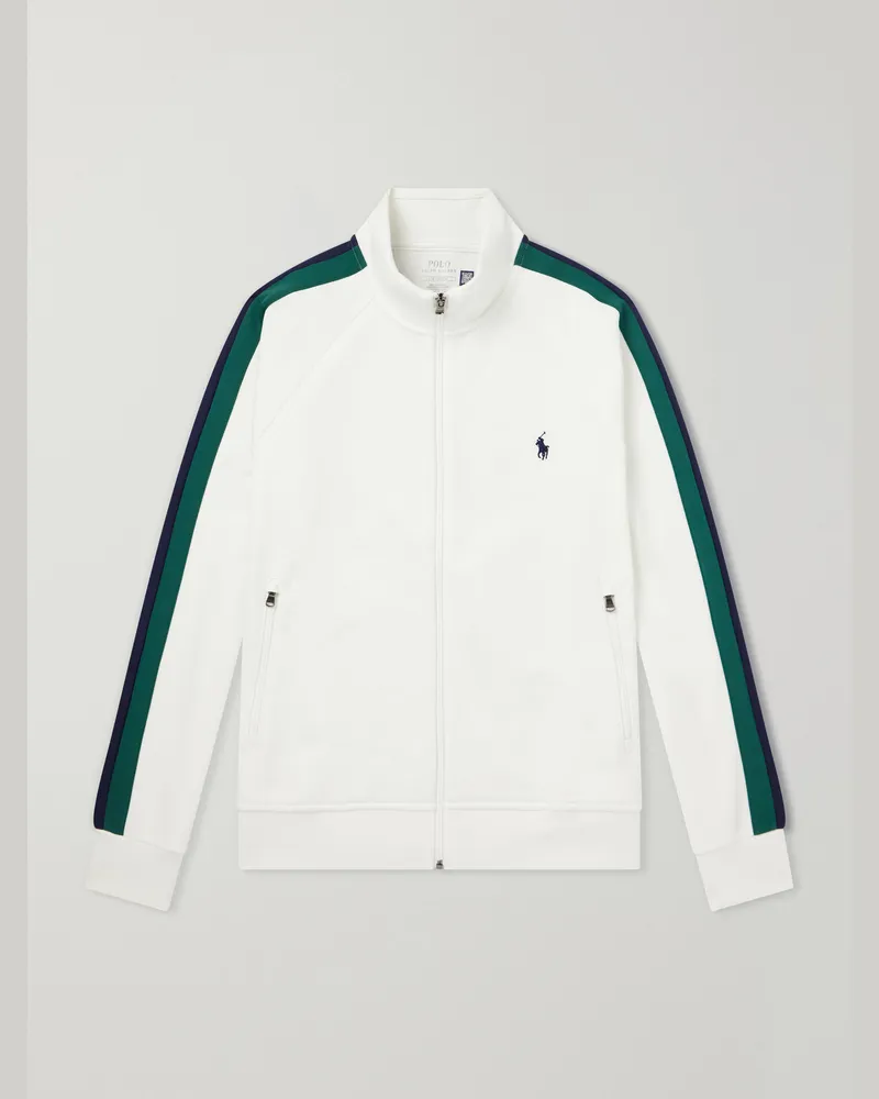 Ralph Lauren Logo-Embroidered Striped Cotton-Jersey Zip-Up Sweatshirt White