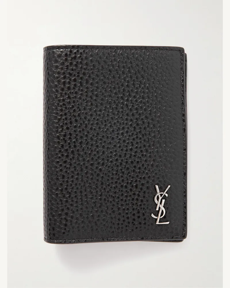 Saint Laurent Tiny Cassandre aufklappbares Portemonnaie aus vollnarbigem Leder mit Logoapplikation Schwarz