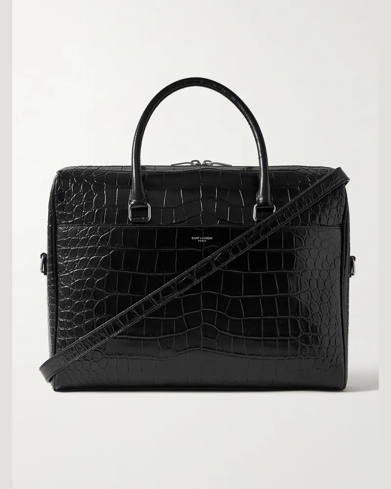 Saint Laurent Croc-Effect Leather Briefcase Black