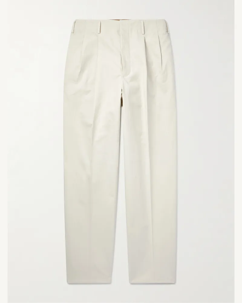 Loro Piana Gosen Straight-Leg Pleated Cotton-Blend Trousers Neutrals