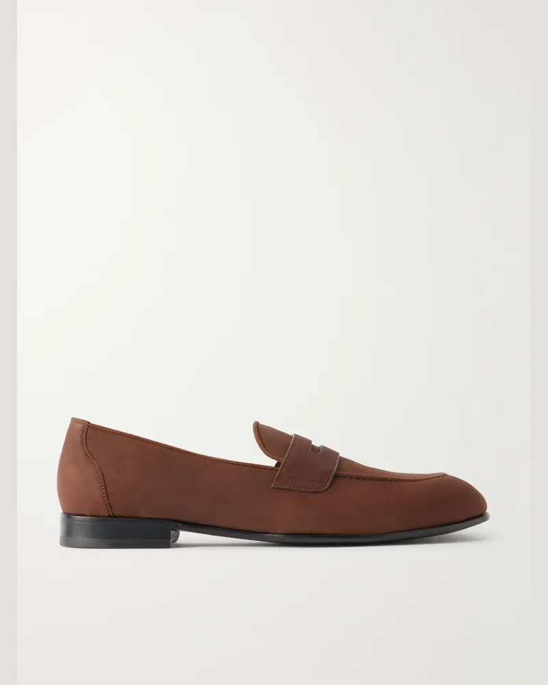 Brioni Nubuck Penny Loafers Brown