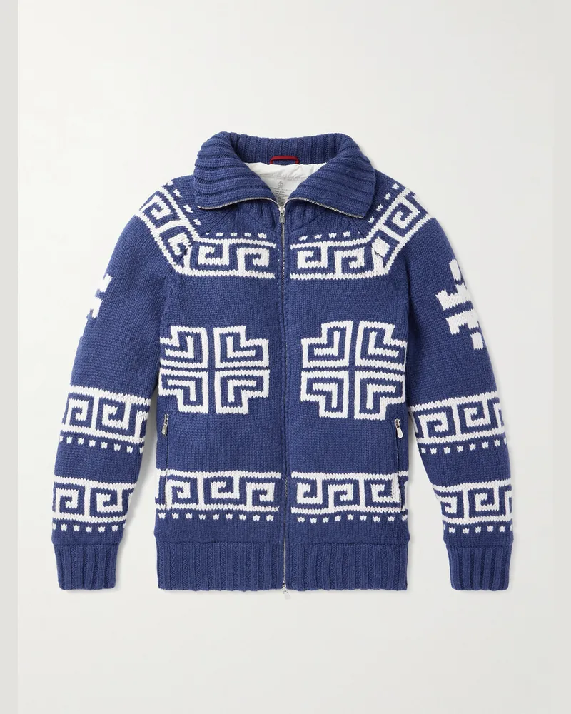 Brunello Cucinelli Cardigan aus Jacquard-Strick aus Kaschmir mit Daunenfüllung und Stehkragen Blau