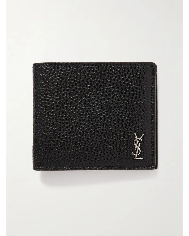 Saint Laurent Tiny Cassandre aufklappbares Portemonnaie aus vollnarbigem Leder mit Logoapplikation Schwarz