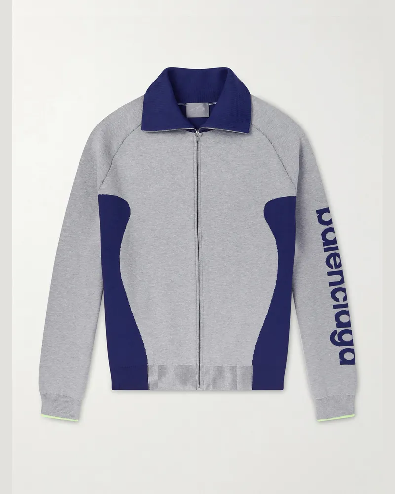 Balenciaga Logo-Jacquard Cotton-Blend Zip-Up Sweater Gray