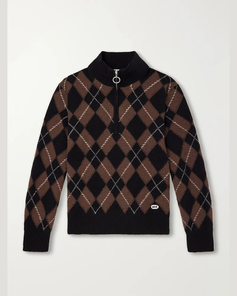 AMI Paris Logo-Appliquéd Argyle Virgin Wool Half-Zip Sweater Brown
