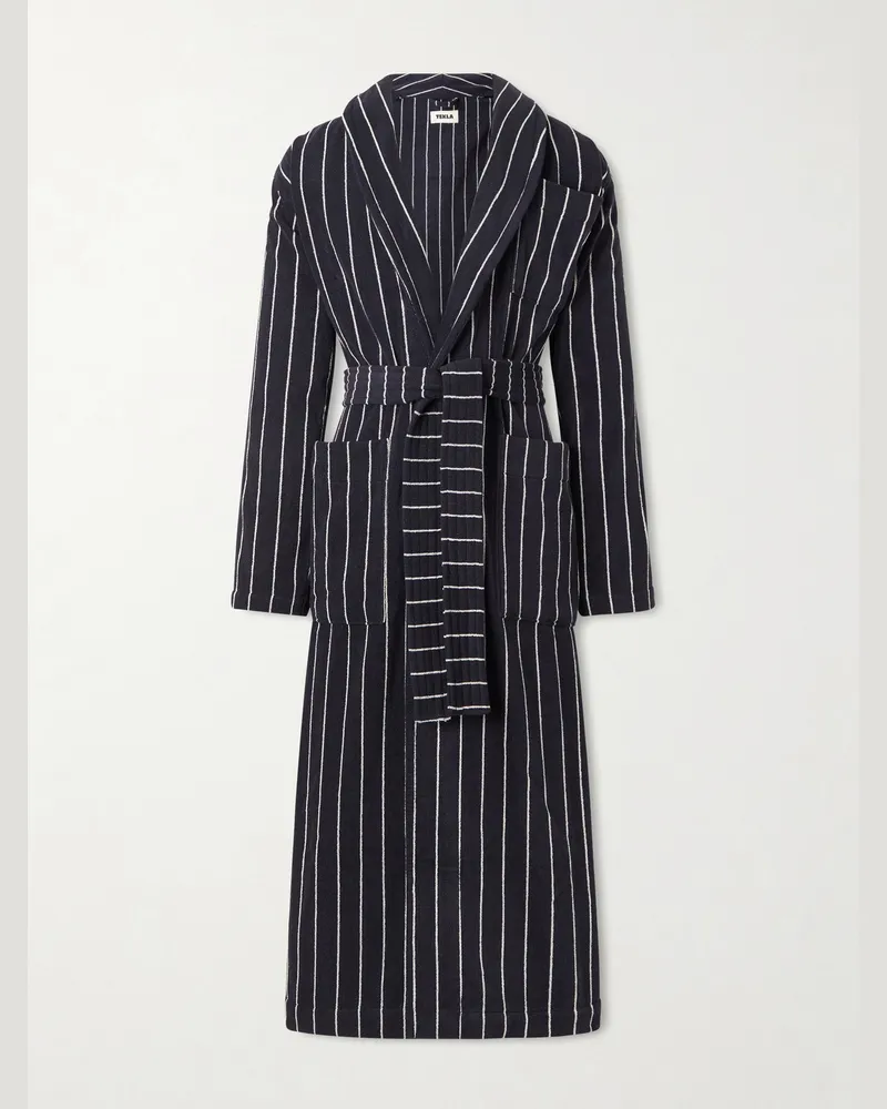 TEKLA Belted Striped Organic Cotton-Terry Robe Black