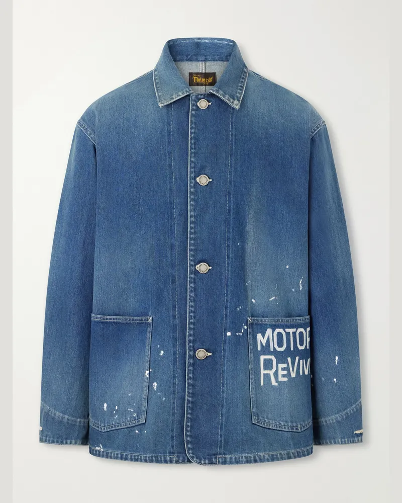 Visvim Printed Distressed Denim Jacket Blue