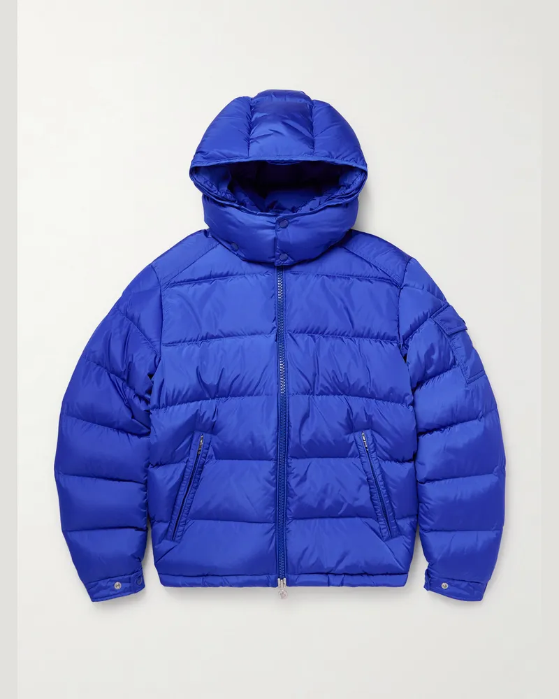 Moncler Maya Daunenjacke aus gestepptem Shell mit Kapuze und Logoapplikation Blau