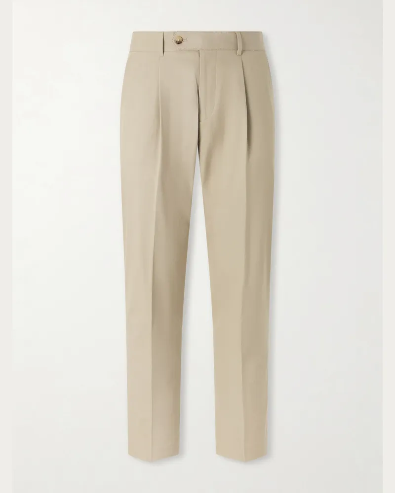 Paul Smith Straight-Leg Pleated Organic Cotton-Twill Trousers Brown