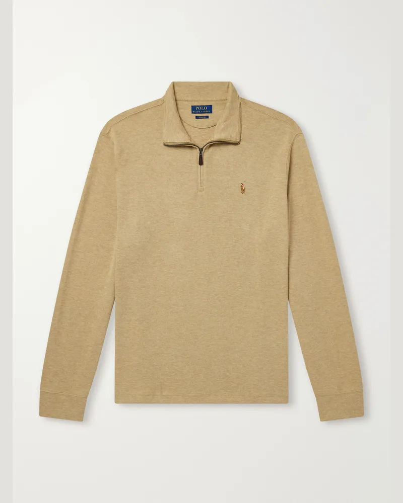 Ralph Lauren Logo-Embroidered Cotton-Jersey Half-Zip Sweater Neutrals