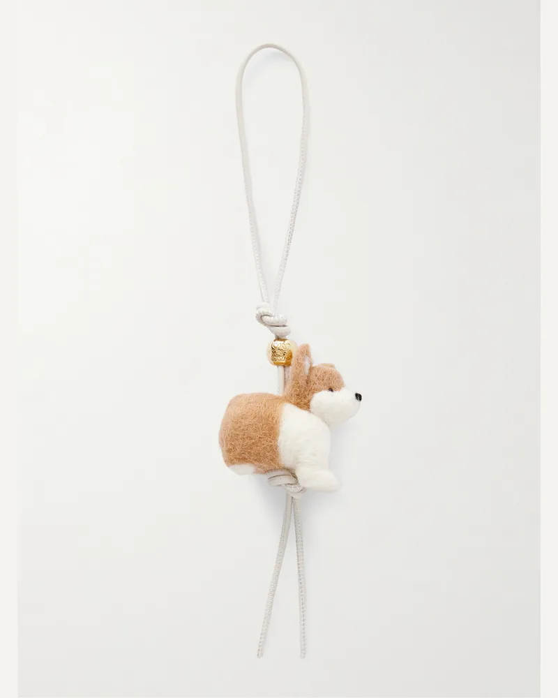 Loewe Corgi Taschenanhänger aus Wollfilz mit goldfarbenen Details und Lederbesatz Weiß