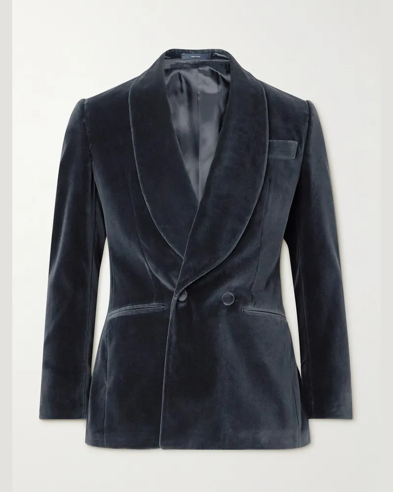 Thom Sweeney Doppelreihige Smokingjacke aus Baumwollsamt mit Schalkragen Grau