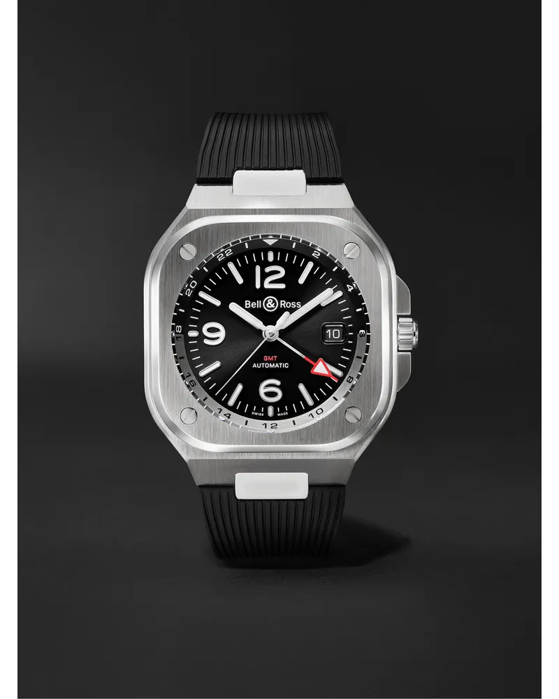 Bell & Ross GMT 41 mm Uhr aus Edelstahl mit automatischem Aufzug und Kautschukarmband, Ref.-Nr.: BR05G-BL-ST/SRB Schwarz