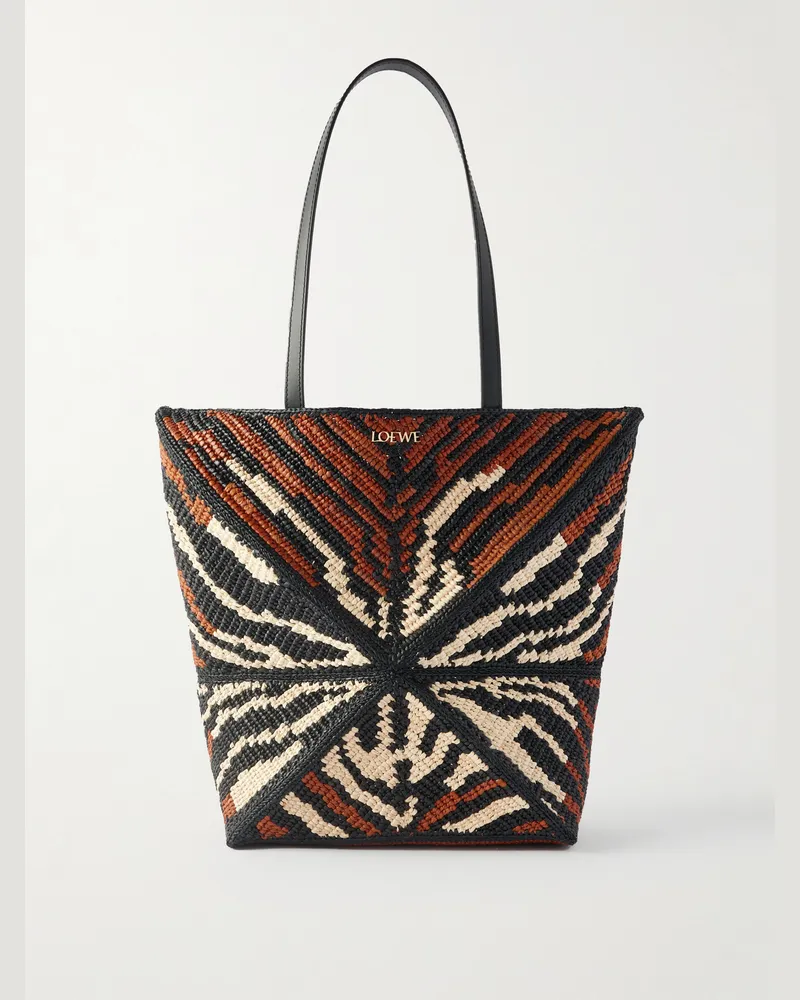Loewe Paula’s Ibiza Puzzle Fold Tote aus Raffiabast mit Tigerprint und Lederbesatz Schwarz