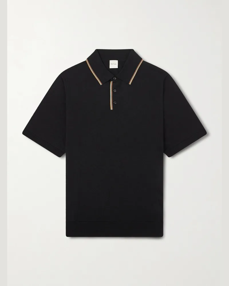 Paul Smith Stripe-Trimmed Merino Wool Polo Shirt Black
