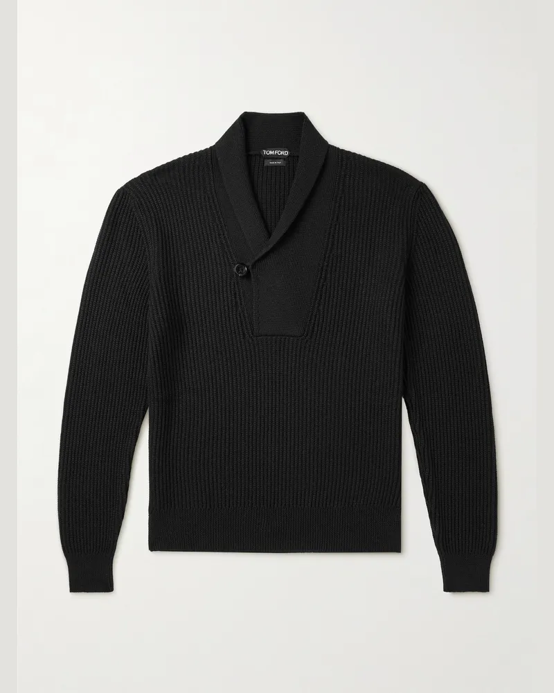 Tom Ford Schmal geschnittener Rippstrickpullover aus einer Merinowollmischung mit Schalkragen und Knopf Schwarz