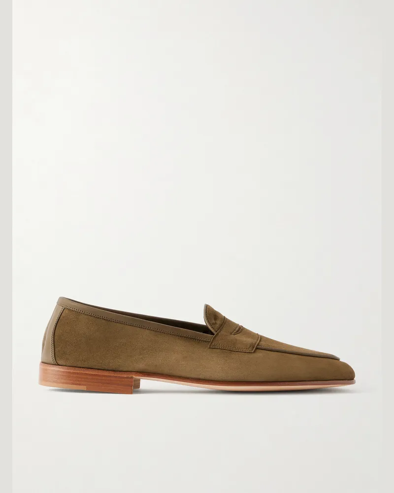 Edward Green Polperro Leather-Trimmed Suede Penny Loafers Green