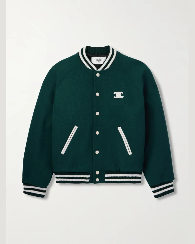 Celine Teddy Triomphe Collegejacke aus einer Wollmischung mit Lederbesatz Grün