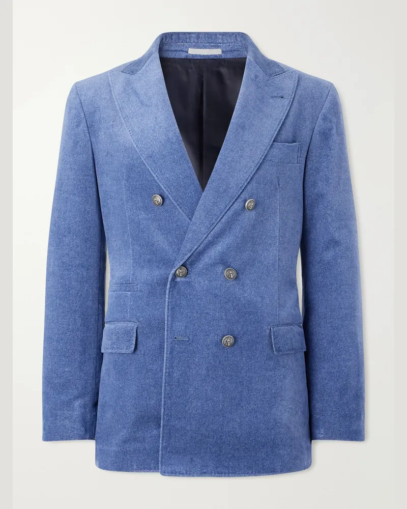 Brunello Cucinelli Double-Breasted Cotton-Velvet Suit Jacket Blue
