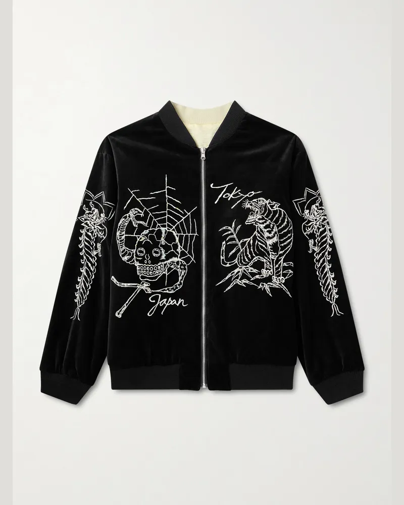 Neighborhood Souvenir wendbare Bomberjacke aus Satin und Baumwollsamt mit Stickereien Schwarz