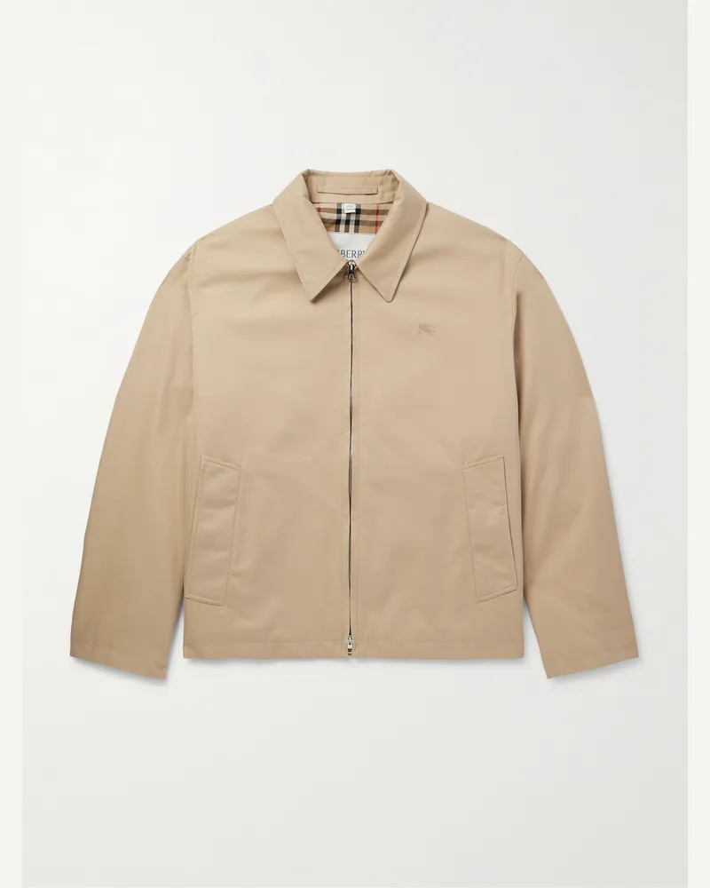 Burberry Logo-Embroidered Cotton-Gabardine Harrington Jacket Neutrals