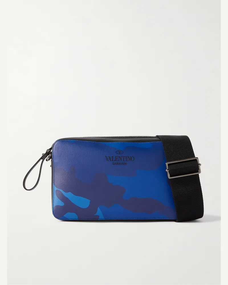 Valentino Garavani Camouflage-Print Leather Messenger Bag Blue