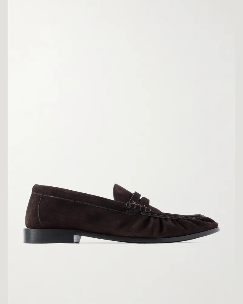 Saint Laurent Le Loafer Monogram Logo-Appliquéd Suede Penny Loafers Brown