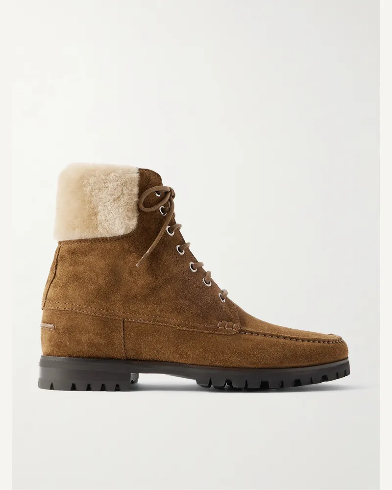 Manolo Blahnik Sycamore Stiefel aus Veloursleder mit Shearling-Besatz Braun
