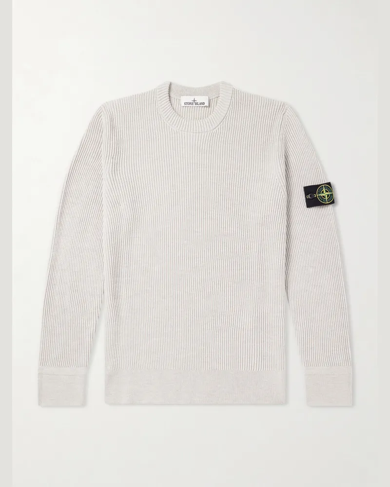 Stone Island Logo-Appliquéd Ribbed Virgin Wool Sweater Gray