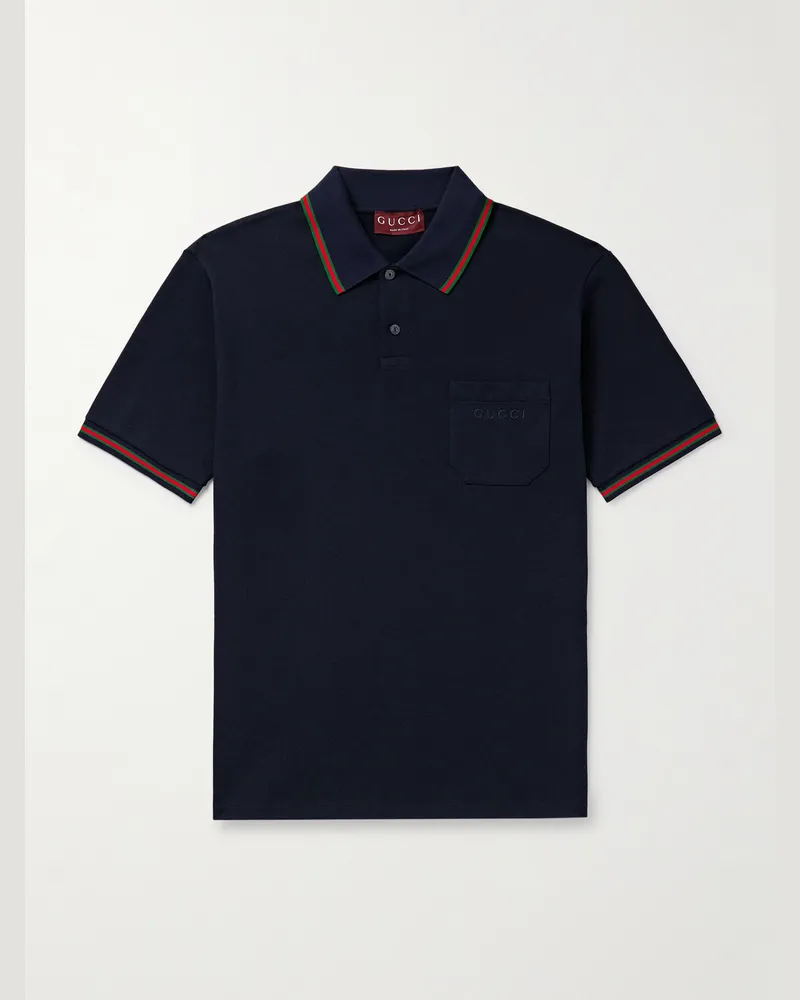 Gucci Logo-Embroidered Cotton-Piqué Polo Shirt Blue