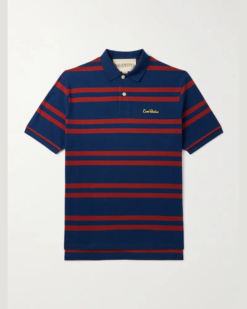 Valentino Garavani Chez Valentino Logo-Embroidered Striped Cotton-Piqué Polo Shirt Blue