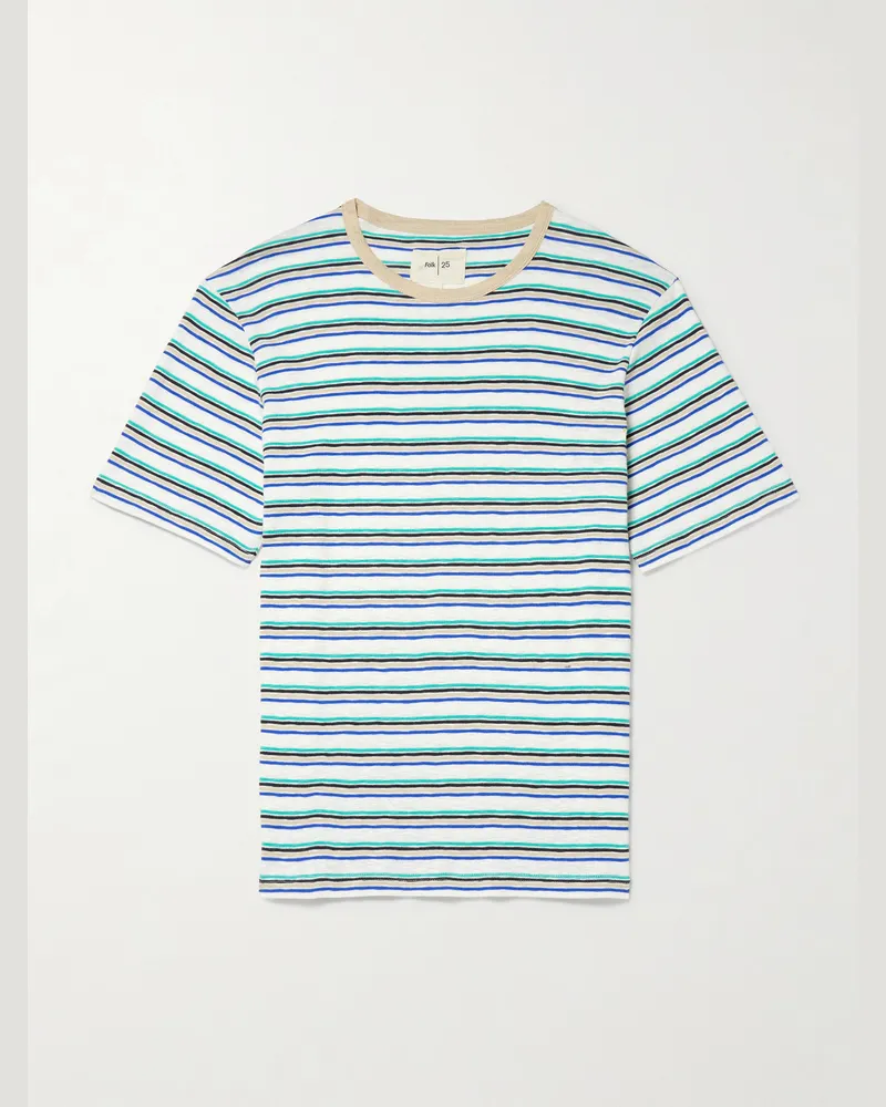 Folk T-Shirt aus gestreiftem Flammgarn-Jersey aus Baumwolle Blau