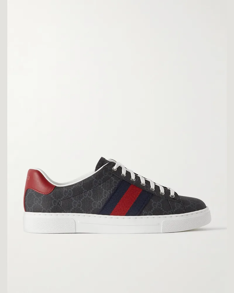 Gucci Ace Leather and Webbing-Trimmed Monogrammed Supreme Coated-Canvas Sneakers Black